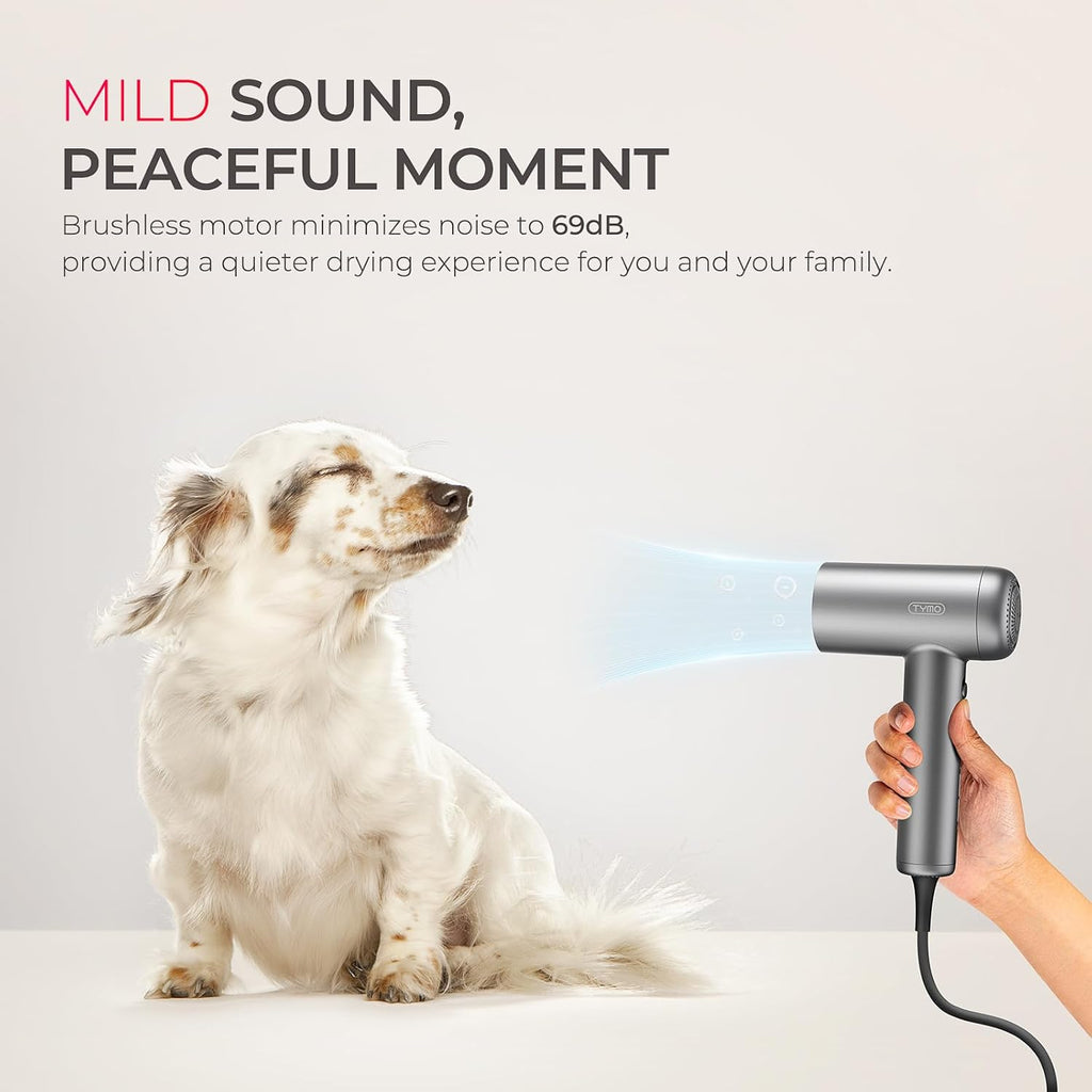 TYMO Secador de pelo con difusor, 1500 W de alta velocidad profesional AIRHYPE Lite secador de pelo con peine para secado rápido, motor sin escobillas de 110,000 RPM, secador de pelo iónico de 200 millones, 3 velocidades y 4 temperaturas, bajo ruido