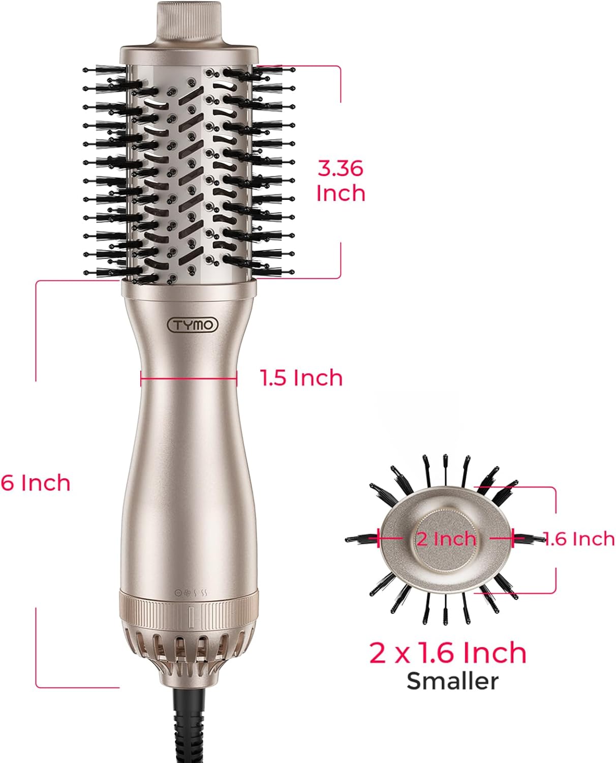 TYMO Cepillo secador de pelo 2.0, cepillo de aire caliente soplado, voluminizador de un paso, rodillo de barril mejorado de 2 pulgadas, secado 3 veces más rápido, 0.6 libras ligero, alisador rizador en uno, dorado