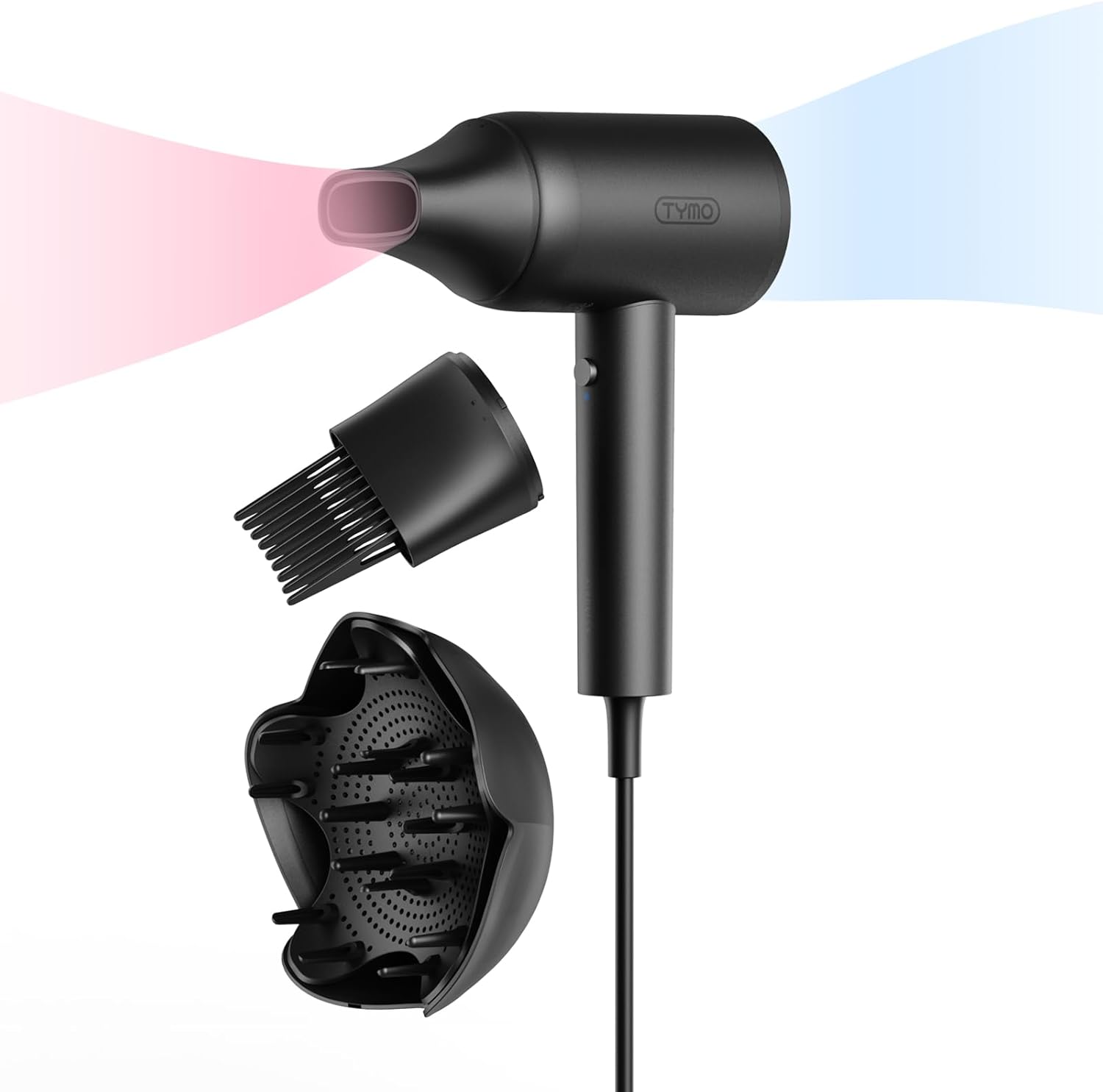 TYMO Diffuser Hair Dryer Blow Dryer - 300 Million Ionic Hairdryer with Diffuser & Comb Attachment for Curly Hair, Professional Blowdryer for Women, Cool Air Button, Small Travel Lightweight, Black