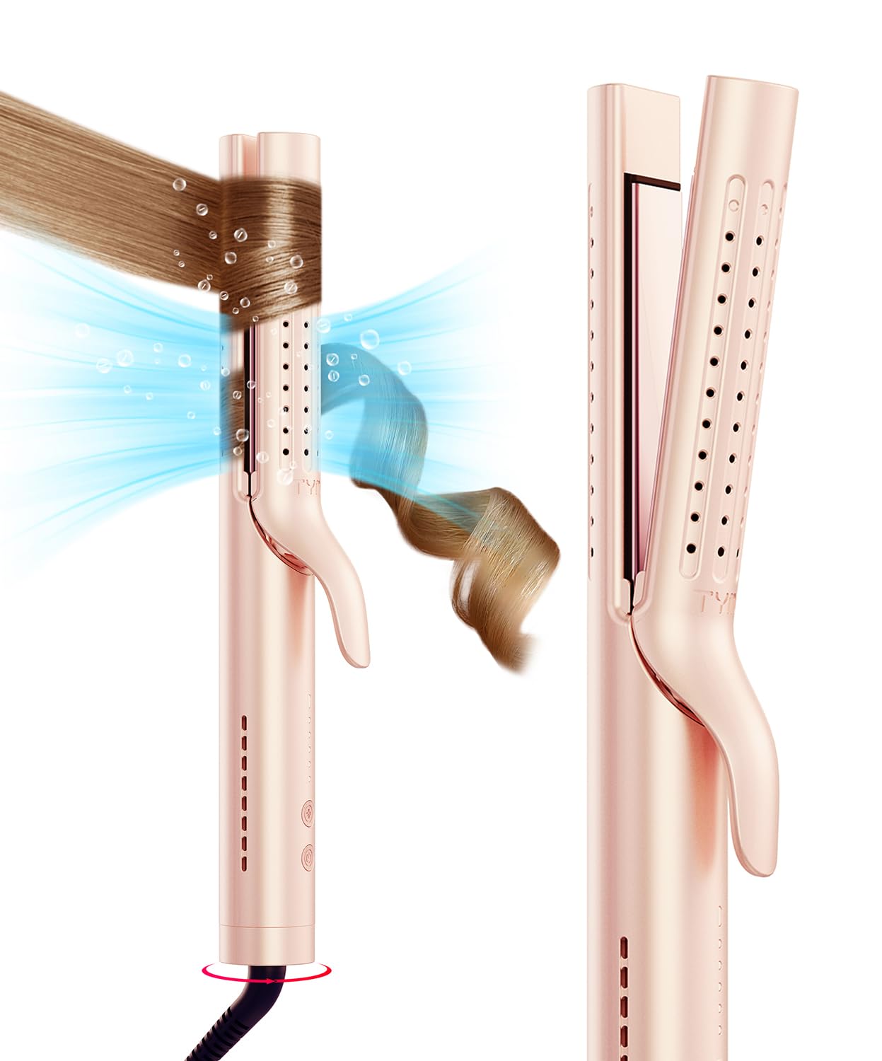 TYMO Airflow 2.0 - Plancha rizadora de pelo 2 en 1, rizador de pelo 2 en 1, varita rizadora de 1.25 pulgadas para cabello largo y corto, doble voltaje para viajes, 54 millones de iones iónicos, antienredos, 5 temperaturas, color rosa