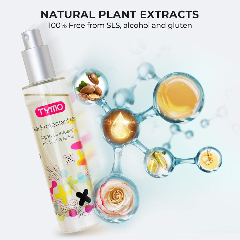 TYMO Spray protector de calor para cabello con aceite de argán para herramientas de peinado, spray de protección térmica para suavizar e hidratar, fórmula limpia natural, tratamiento multibeneficio,