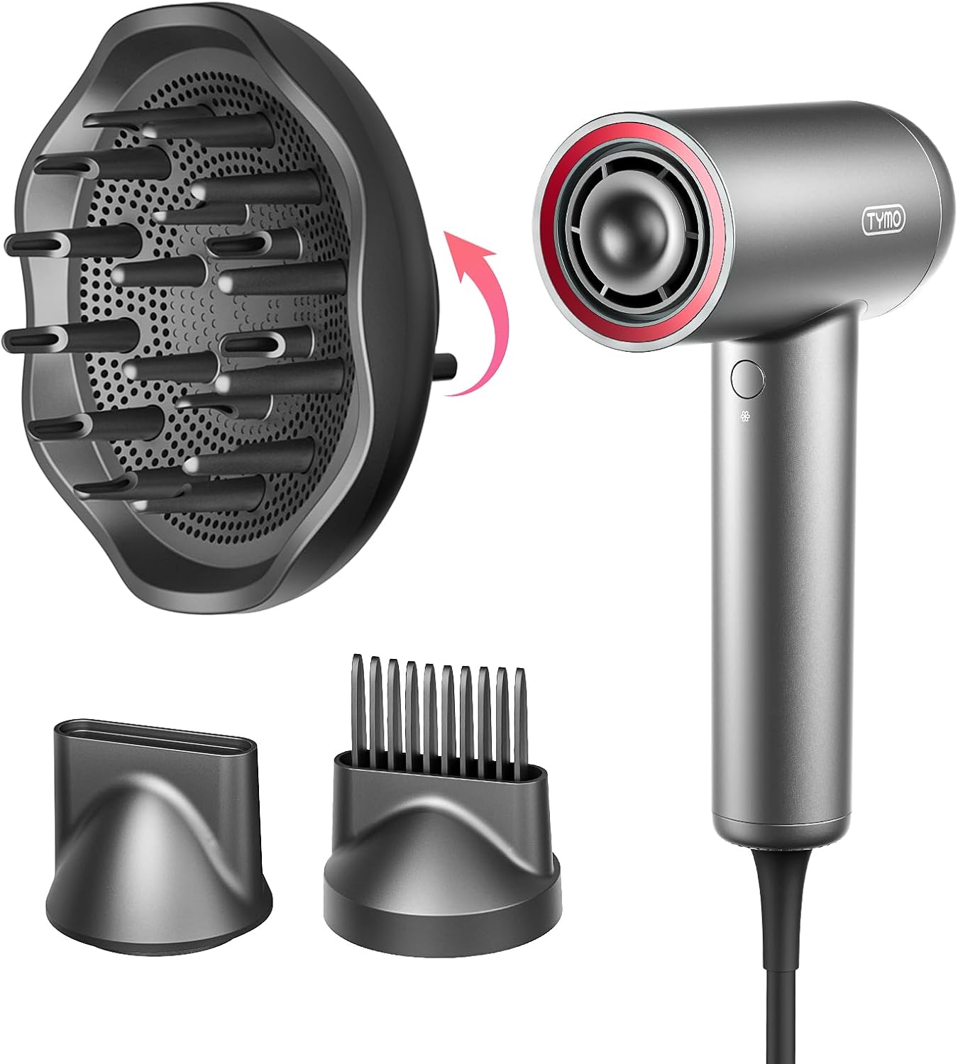 TYMO Secador de pelo con difusor, 1500 W de alta velocidad profesional AIRHYPE Lite secador de pelo con peine para secado rápido, motor sin escobillas de 110,000 RPM, secador de pelo iónico de 200 millones, 3 velocidades y 4 temperaturas, bajo ruido