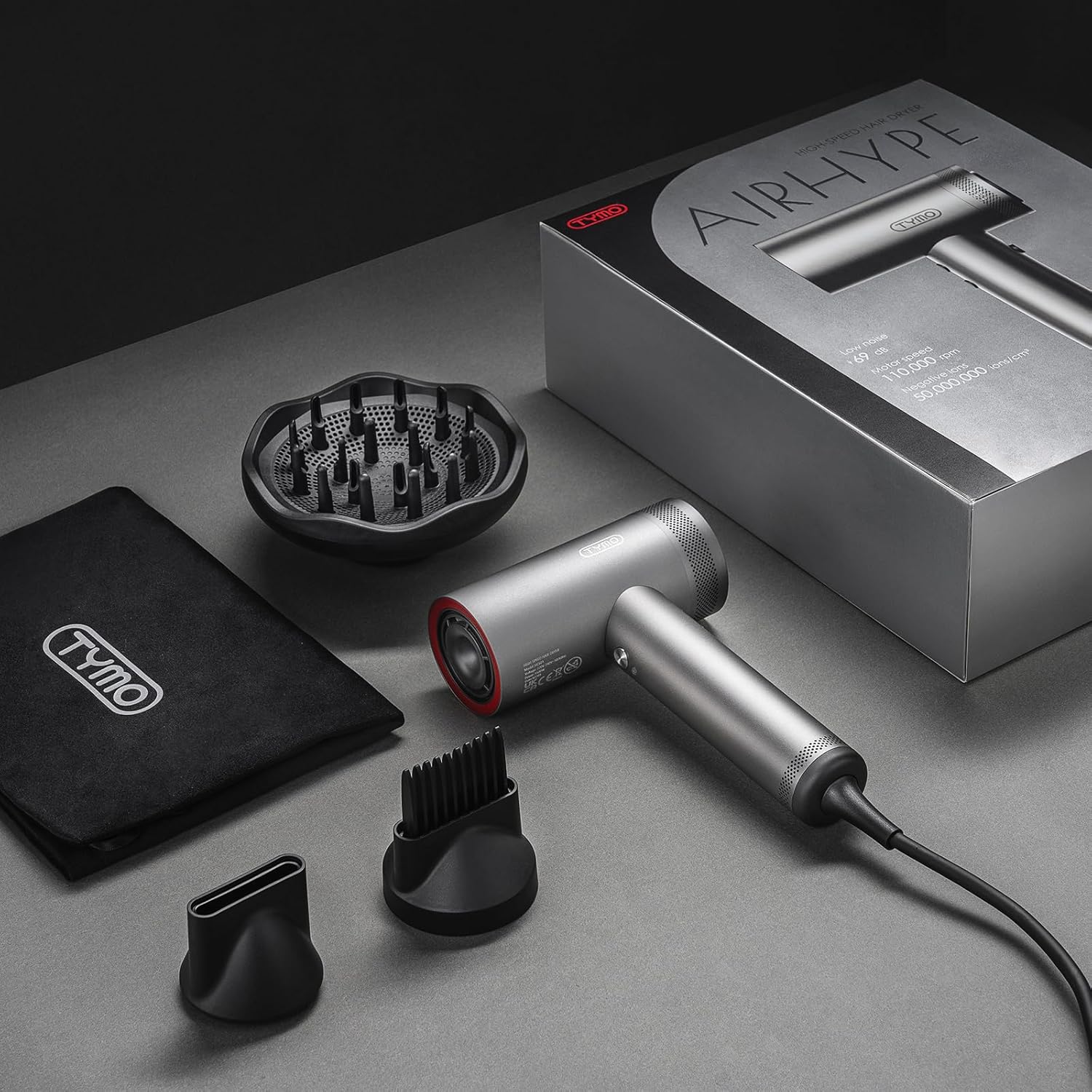 TYMO Secador de pelo con difusor para mujer – Secador profesional de alta velocidad de 1500 W con peine, secado rápido de 110,000 rpm, secador de pelo iónico de 200 millones, 4 temperaturas y 3 velocidades, cable de 8 pies para salón, gris metálico