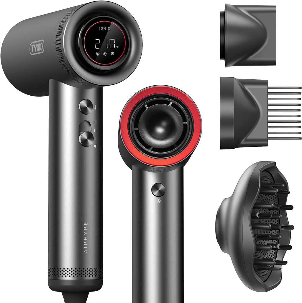 TYMO Secador de pelo con difusor para mujer – Secador profesional de alta velocidad de 1500 W con peine, secado rápido de 110,000 rpm, secador de pelo iónico de 200 millones, 4 temperaturas y 3 velocidades, cable de 8 pies para salón, gris metálico