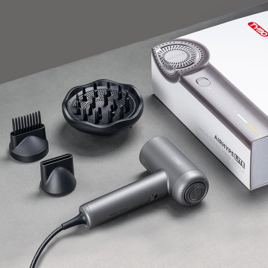 TYMO Secador de pelo con difusor, 1500 W de alta velocidad profesional AIRHYPE Lite secador de pelo con peine para secado rápido, motor sin escobillas de 110,000 RPM, secador de pelo iónico de 200 millones, 3 velocidades y 4 temperaturas, bajo ruido