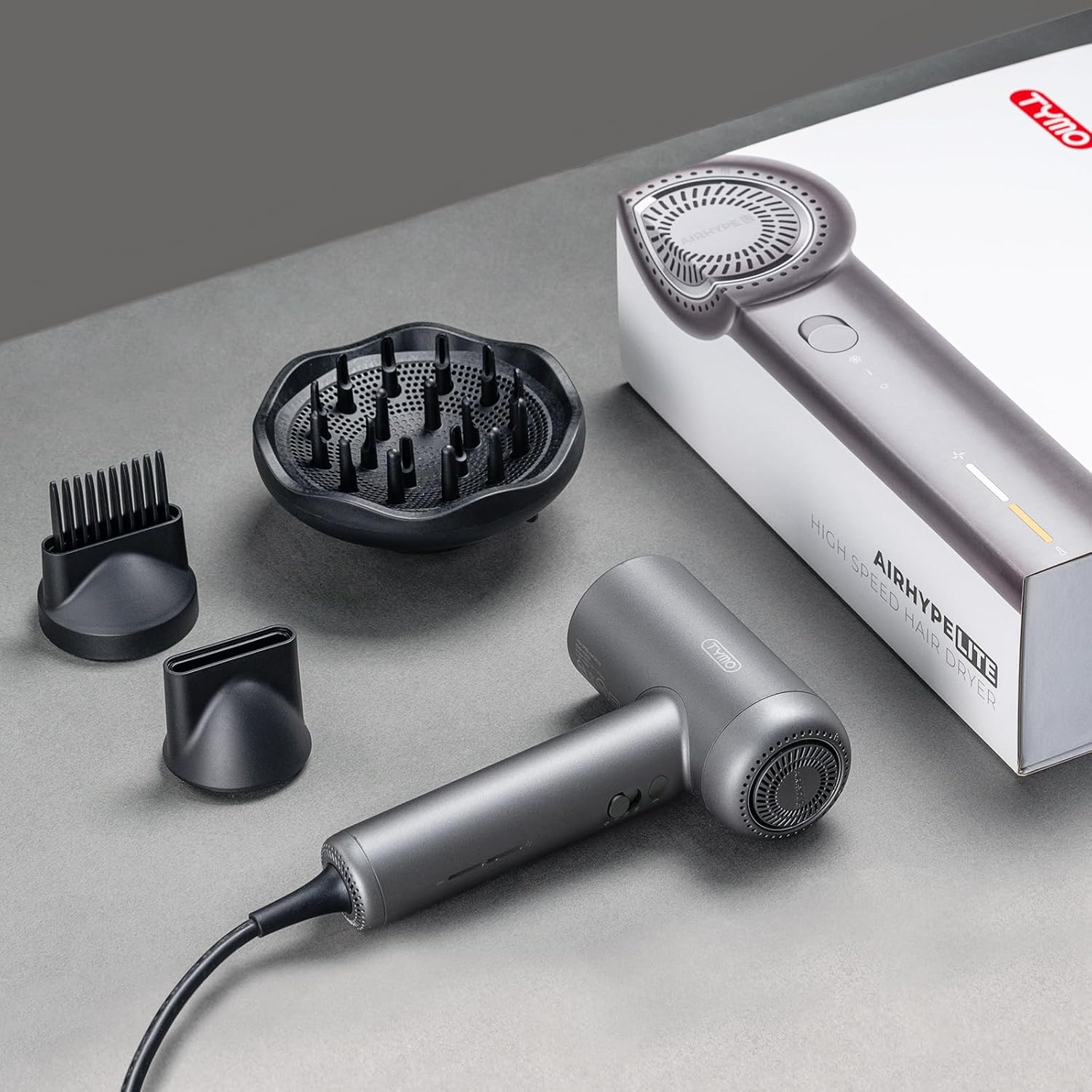 TYMO Secador de pelo con difusor, 1500 W de alta velocidad profesional AIRHYPE Lite secador de pelo con peine para secado rápido, motor sin escobillas de 110,000 RPM, secador de pelo iónico de 200 millones, 3 velocidades y 4 temperaturas, bajo ruido