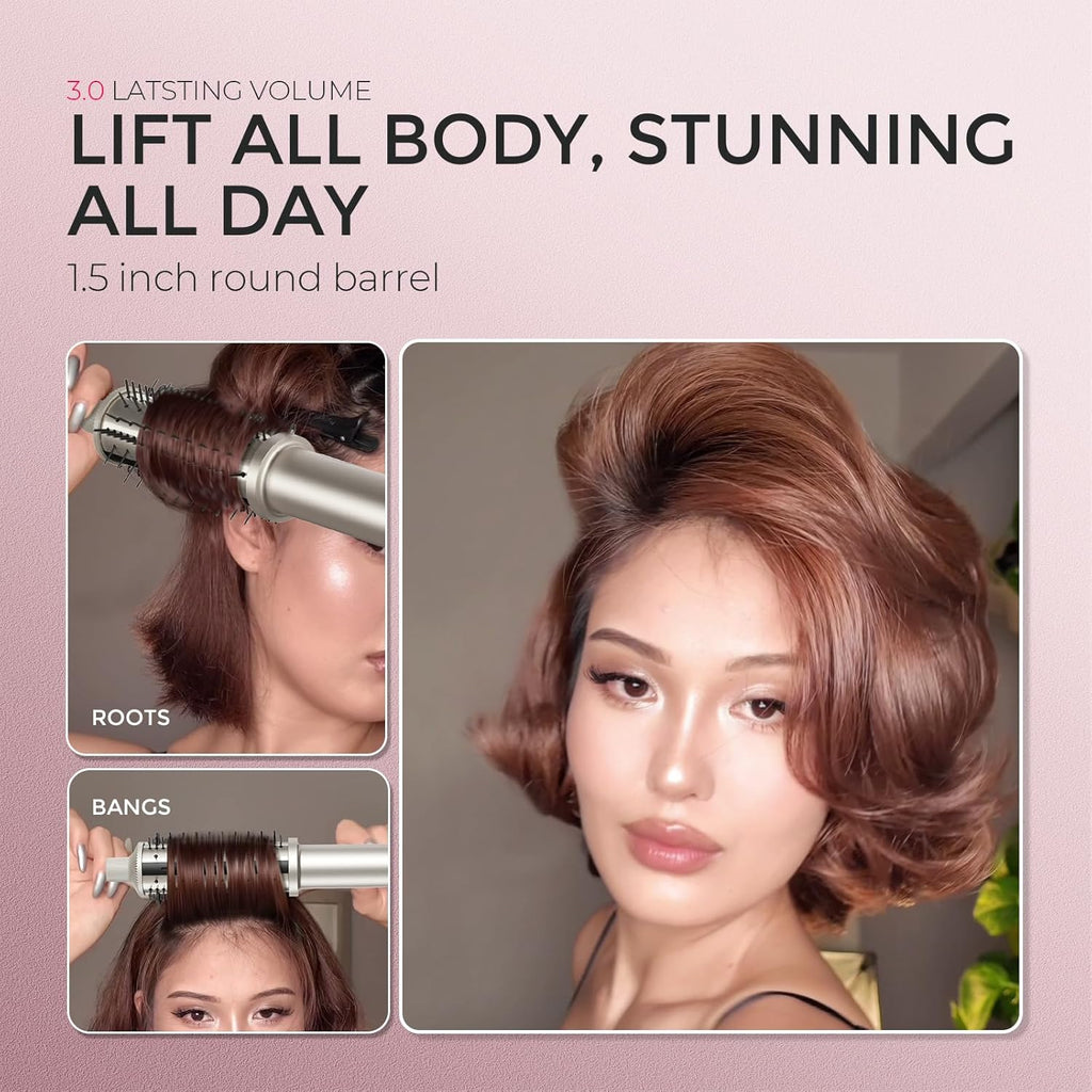 TYMO STYLUX PRO - Cepillo térmico para rizar, voluminizador redondo calentado de 1.5 pulgadas, alisador de pelo y rizador 2 en 1, iones negativos de 2,624.7 ft para más suave, pantalla LCD, 5 temperaturas, doble voltaje, dorado