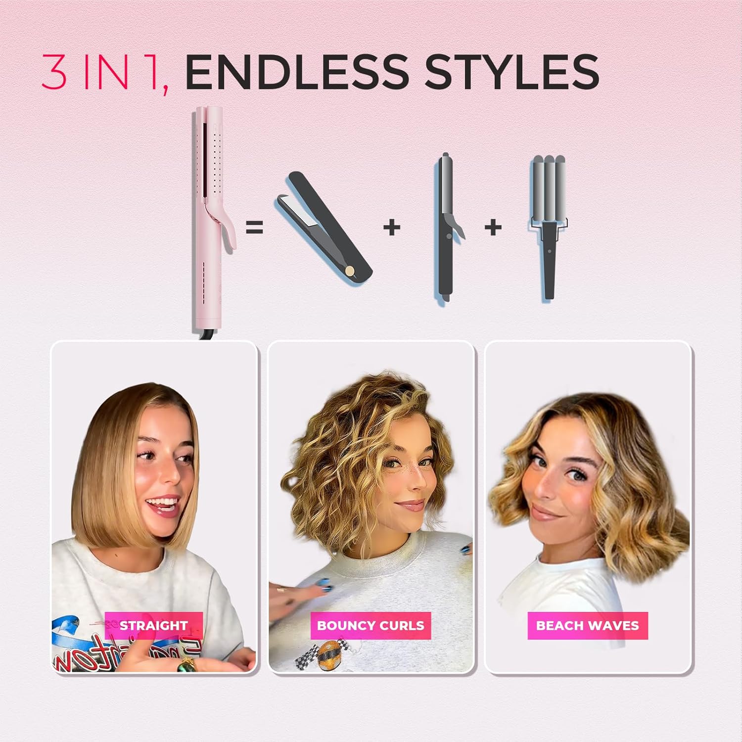 TYMO Airflow 2.0 - Plancha rizadora de pelo 2 en 1, rizador de pelo 2 en 1, varita rizadora de 1.25 pulgadas para cabello largo y corto, doble voltaje para viajes, 54 millones de iones iónicos, antienredos, 5 temperaturas, color rosa